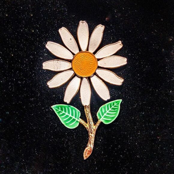 Vintage Enameled Daisy Floral Brooch Pin - Picture 2 of 5
